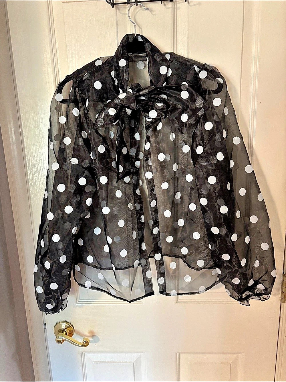 Polka Dot Bow Blouse in Black & White Size Large Like New